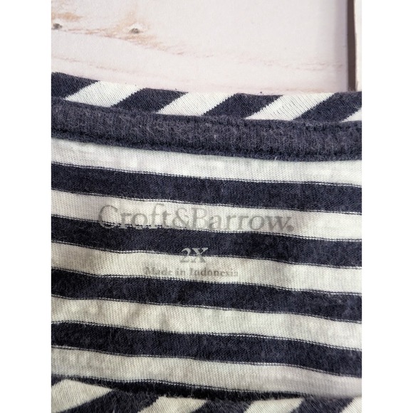 Croft Barrow Plus Size 2X Womens Blue White Striped Embroidered Short Sleeve Top - Picture 2 of 8